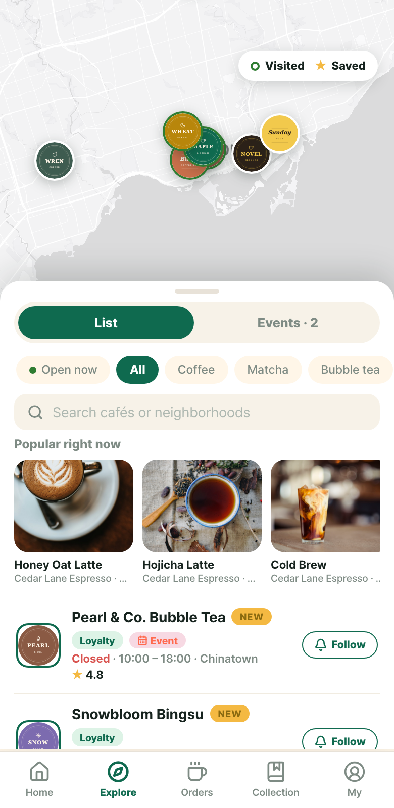 Exploring downtown cafés on the map