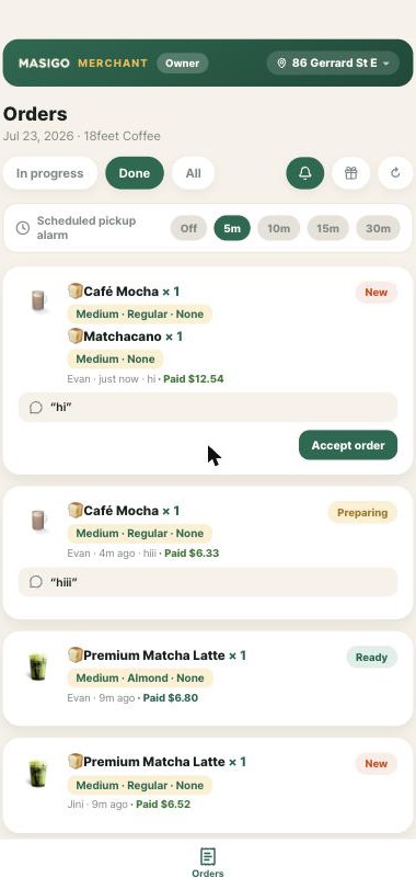 Live order queue in the Masigo merchant console