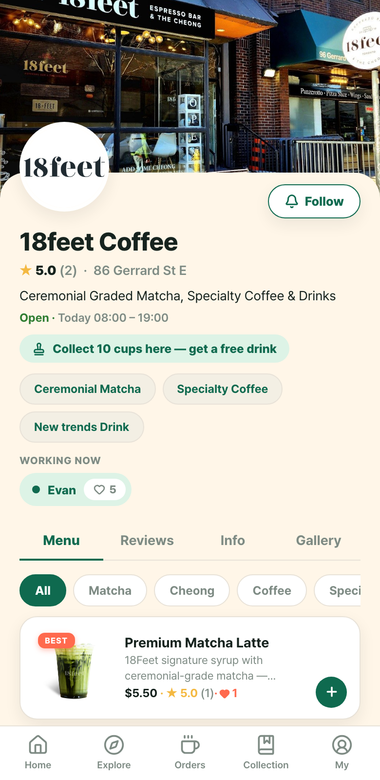 A café page on Masigo showing baristas working now